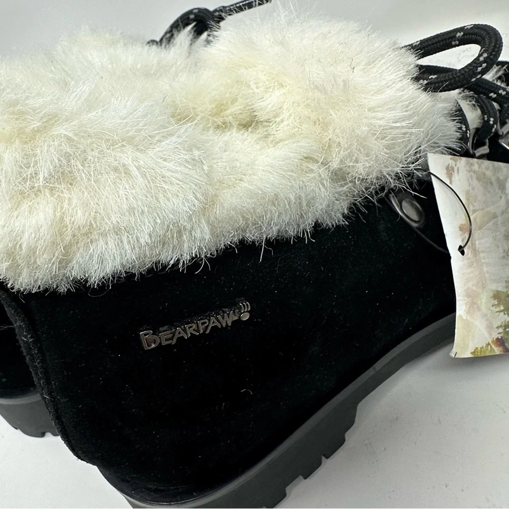 BearPaw Vera Black Winter Fur Lined Ankle Bootie Boot Black Suede 8